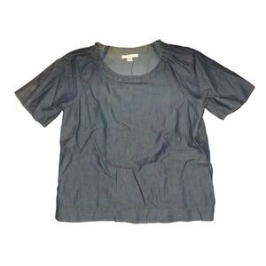 Caslon Denim Top Women Sz XS Blue Short Sleeve Chambray Blouse Ruched Neck Boho